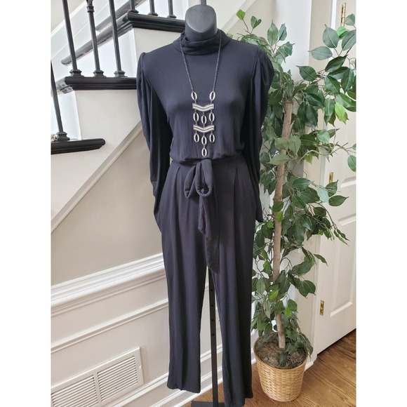 Express Womens Black Solid Rayon High Neck Long Sleeve Wide Leg Jumpsuit Size M - Picture 1 of 13